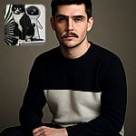 A tuxedo cat with piercing green eyes sits regally on a shelf, next to a futuristic astronaut figurine and a large green plant leaf, creating a quirky space explorer vibe.