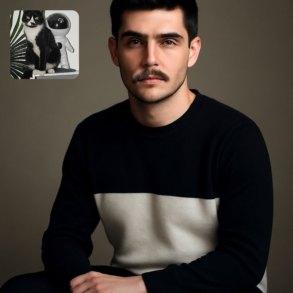 A tuxedo cat with piercing green eyes sits regally on a shelf, next to a futuristic astronaut figurine and a large green plant leaf, creating a quirky space explorer vibe.