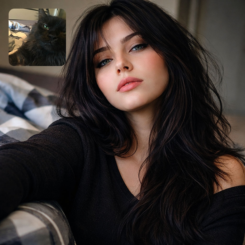 A close-up selfie of a fluffy black cat with striking green eyes lounging on a cozy bed with patterned sheets, looking slightly sleepy or uninterested.
