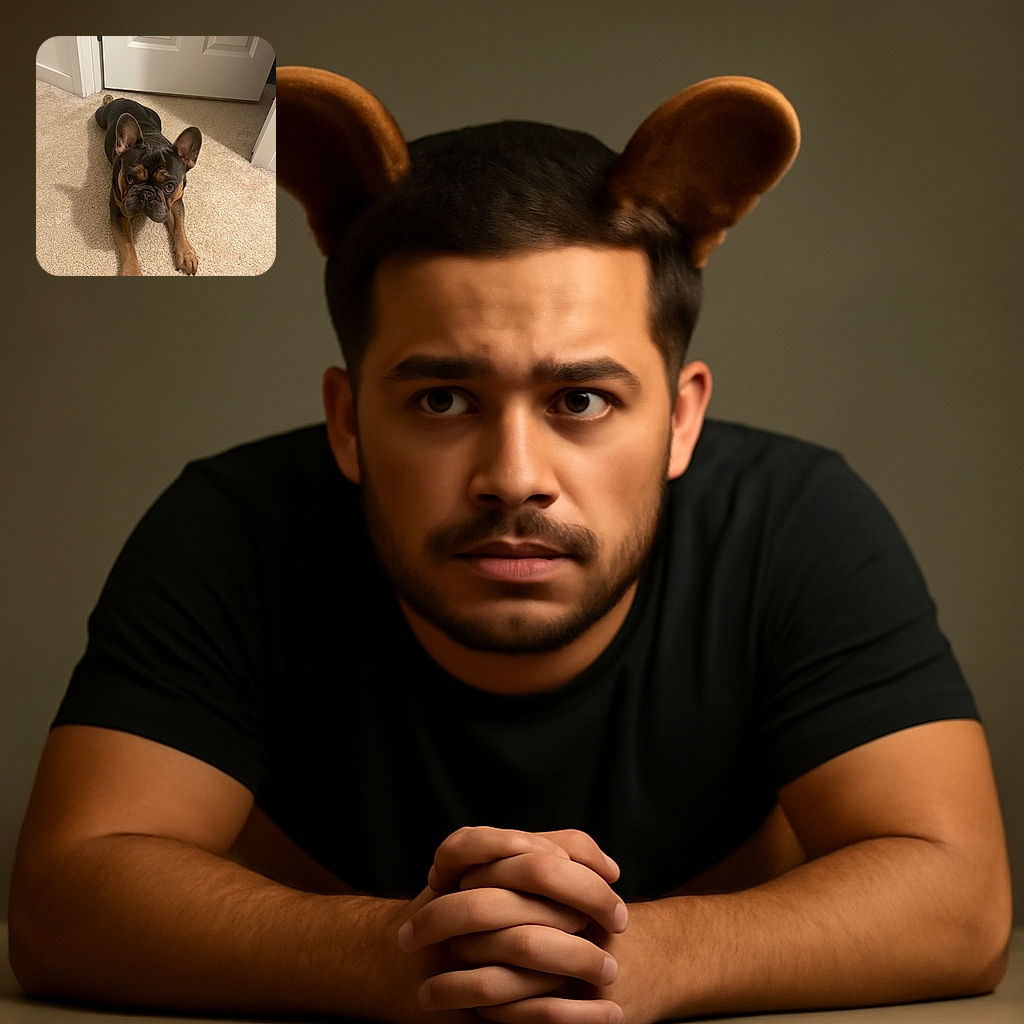 A charming French Bulldog lies on a beige carpet in front of a closed white door, looking up with big, soulful eyes and ears perked up, ready for some fun or a treat.