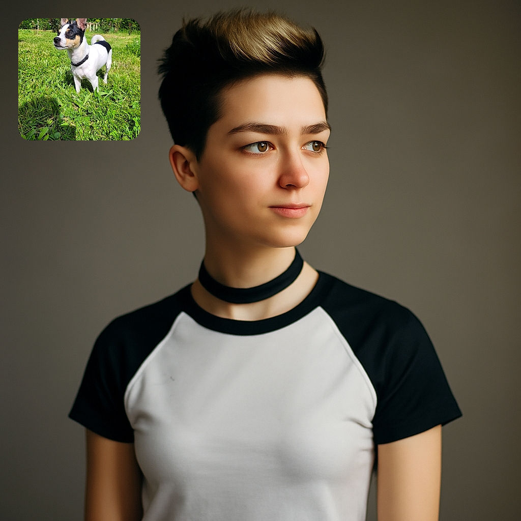 A sharp and vibrant photo of a small dog standing proudly in a lush green garden on a sunny day, with its ears perked up and eyes looking attentively into the distance, capturing a perfect moment of canine curiosity and alertness.