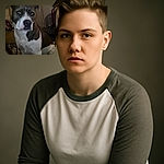 A serious-looking dog with a mix of gray and white fur sits indoors, staring intently off-camera. The background is a bit cluttered with household items and dim lighting, giving a cozy but casual vibe.