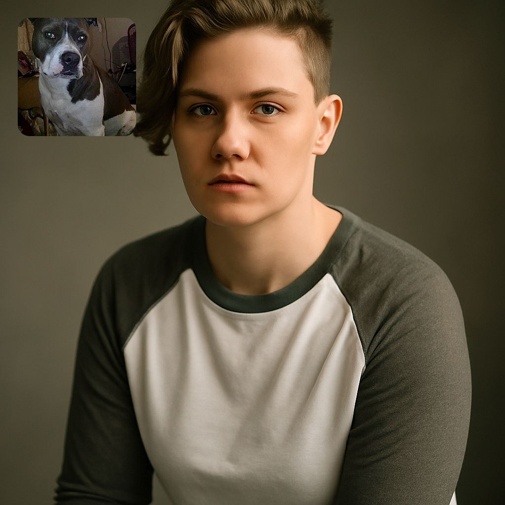 A serious-looking dog with a mix of gray and white fur sits indoors, staring intently off-camera. The background is a bit cluttered with household items and dim lighting, giving a cozy but casual vibe.