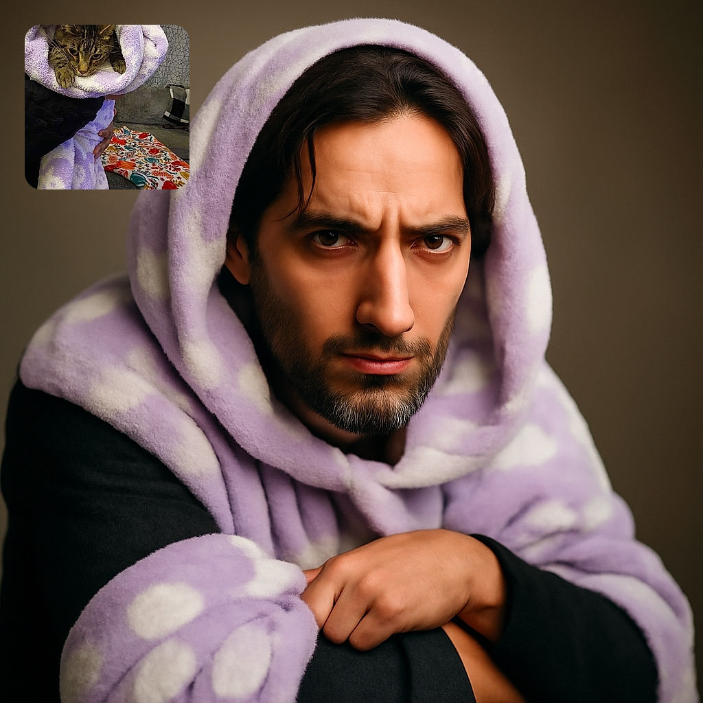 A cozy cat peeks out from a fluffy purple and white towel, looking a bit like a tiny tiger wrapped in a soft cocoon. The colorful blanket in the background adds a splash of fun to this snug indoor scene.