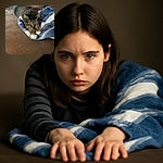 A cozy tabby cat stretches its paws forward on a soft blue and white blanket atop a brown couch, eyes focused with a hint of playful mischief, ready to pounce or nap.