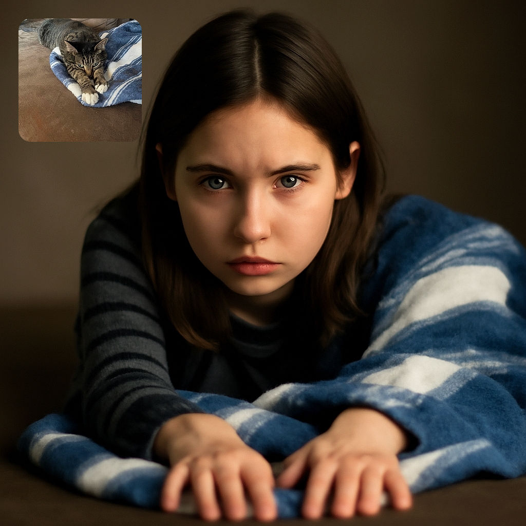 A cozy tabby cat stretches its paws forward on a soft blue and white blanket atop a brown couch, eyes focused with a hint of playful mischief, ready to pounce or nap.