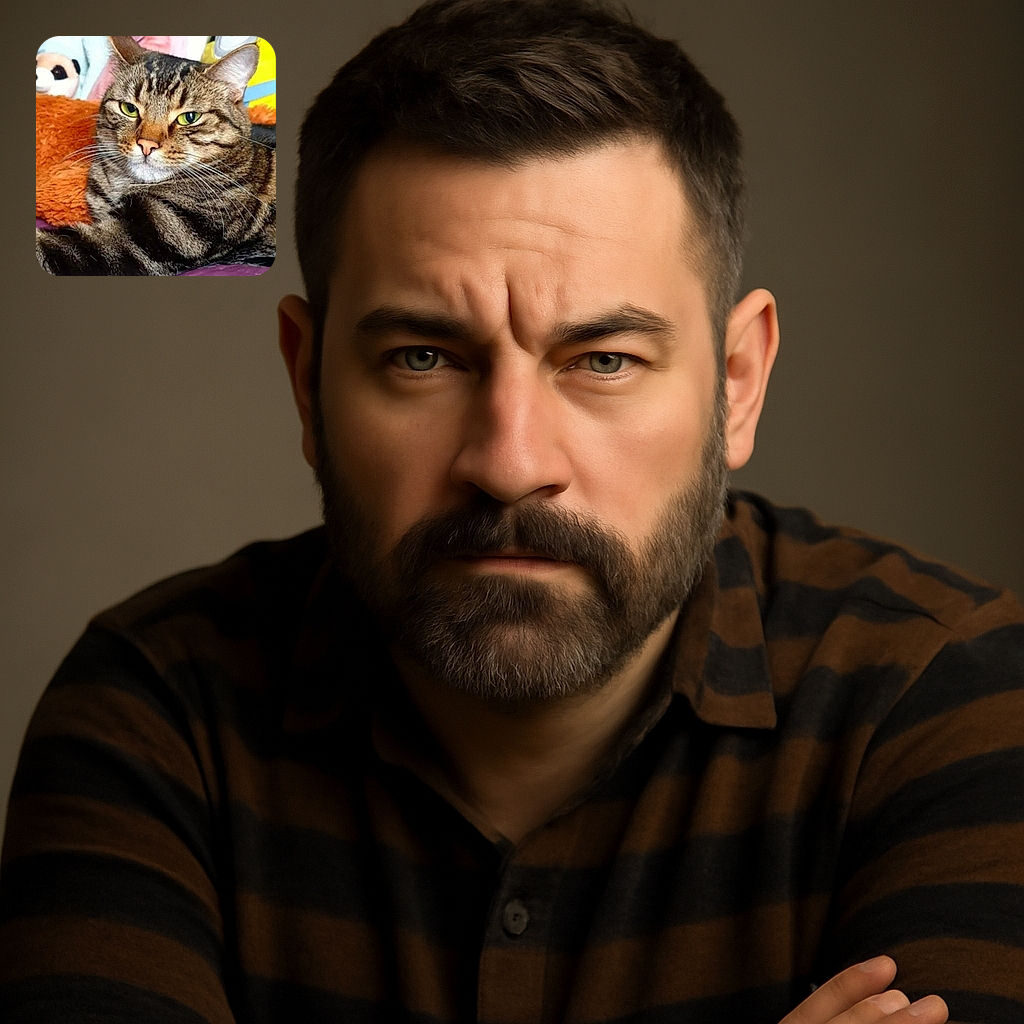 A regal tabby cat lounges comfortably on a purple quilt with a colorful collection of plush toys in the background, including a minion and a panda, adding a playful touch to the cozy scene.