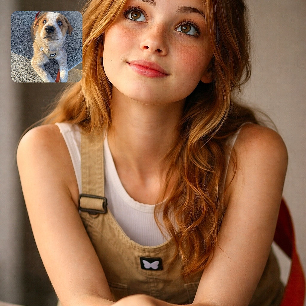 A wide-eyed, flecked-puppy gazes up like it just heard the word 'treat' — nose shiny, little harness on, paws draped over the speckled pavement edge, sunlight catching the whiskers. Pure puppy charm and very good at being irresistibly photogenic.