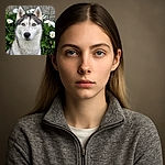 A striking close-up of a Siberian Husky with piercing blue eyes, framed by lush green leaves and white flowers against a textured stone wall, showcasing the dog's majestic fur and alert expression.