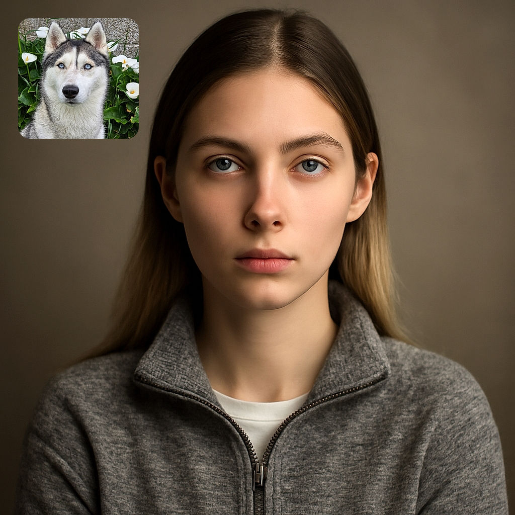 A striking close-up of a Siberian Husky with piercing blue eyes, framed by lush green leaves and white flowers against a textured stone wall, showcasing the dog's majestic fur and alert expression.