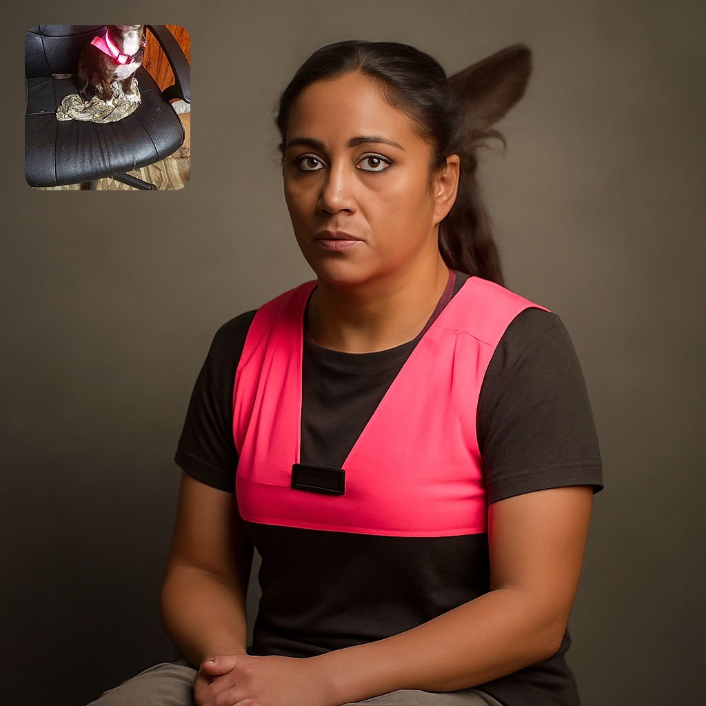 A small dog with a glowing pink collar sits attentively on a black office chair, perched atop a crumpled piece of cloth. The cozy indoor setting features a patterned rug and wooden paneling in the background, giving off a warm, lived-in vibe.