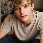 A curious cat with striking blue eyes peers closely into the camera, its whiskers prominently framing its pink nose. The background is softly blurred, hinting at a casual indoor setting with some bottles and furniture. The time 08:46 is overlaid in the center, adding a timestamp vibe to this intimate feline moment.