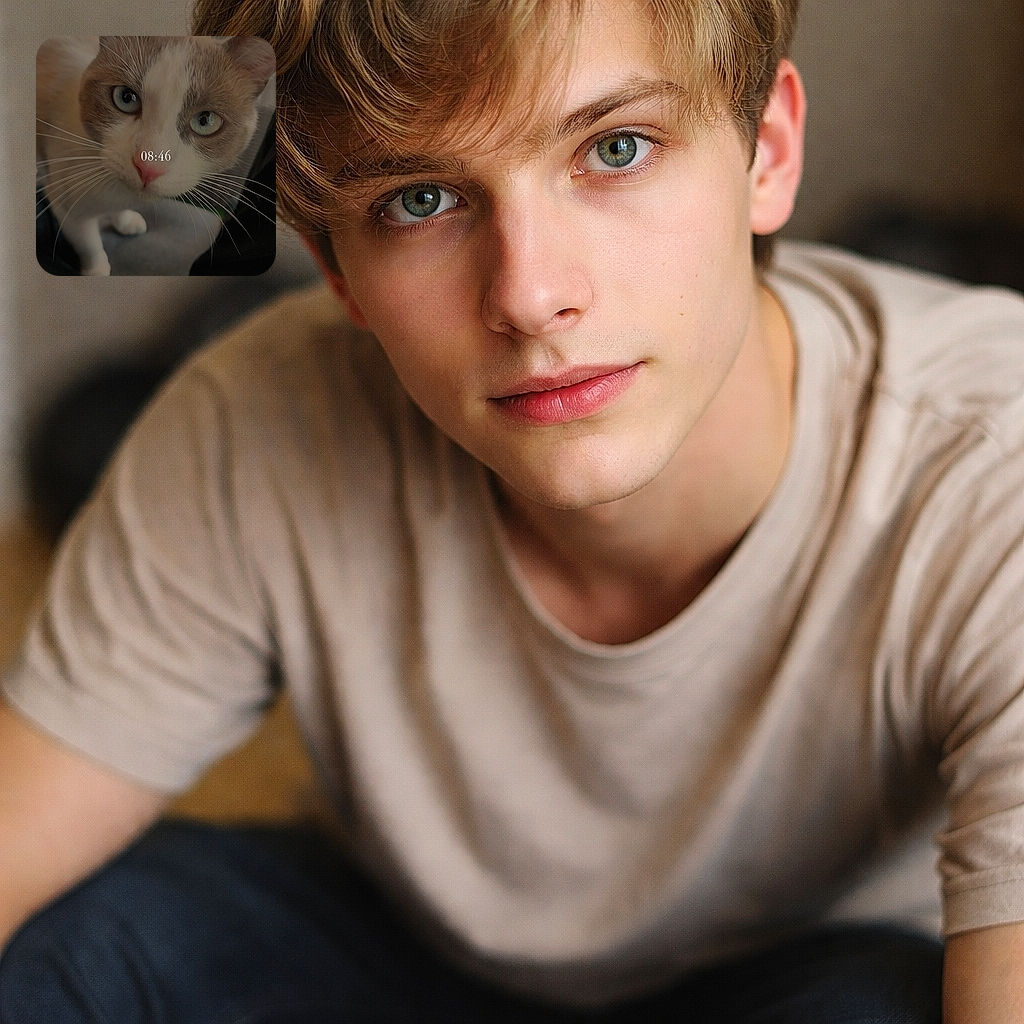 A curious cat with striking blue eyes peers closely into the camera, its whiskers prominently framing its pink nose. The background is softly blurred, hinting at a casual indoor setting with some bottles and furniture. The time 08:46 is overlaid in the center, adding a timestamp vibe to this intimate feline moment.