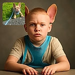 A cute little French Bulldog puppy is lying down on the edge of a grassy area next to a paved surface, wearing a blue harness and leash, looking intently ahead with a curious expression under bright sunlight.