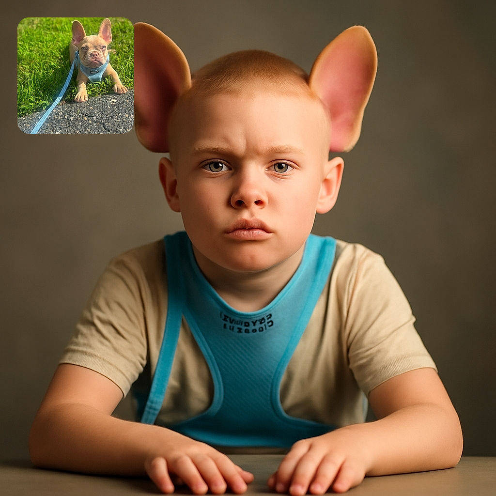 A cute little French Bulldog puppy is lying down on the edge of a grassy area next to a paved surface, wearing a blue harness and leash, looking intently ahead with a curious expression under bright sunlight.