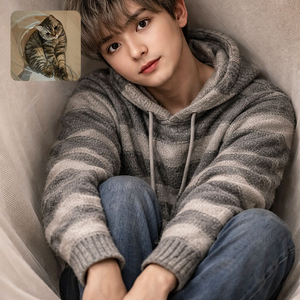 A charming tabby cat with big, curious eyes is cozily curled up inside a mesh laundry basket, looking up with an innocent and slightly mischievous expression as if plotting a playful escape.