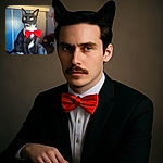 A dapper tuxedo cat sporting a bright red bow tie and white collar, sitting regally on a soft gray perch with a blue and beige room background, looking like it just stepped out of a feline fashion show.