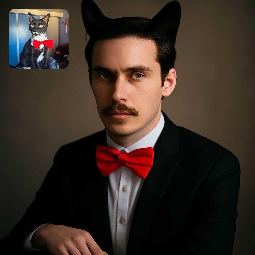 A dapper tuxedo cat sporting a bright red bow tie and white collar, sitting regally on a soft gray perch with a blue and beige room background, looking like it just stepped out of a feline fashion show.