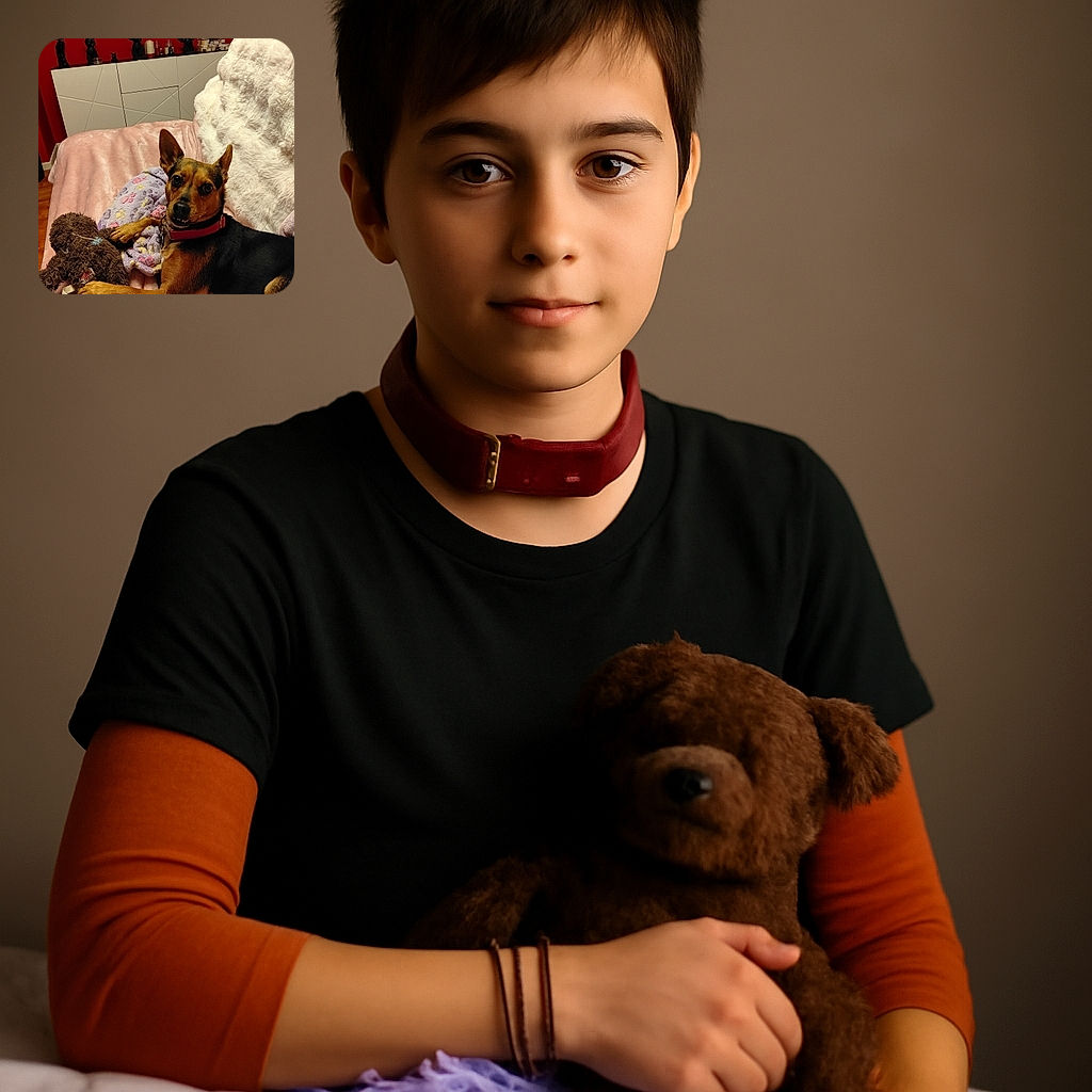 A charming dog lounges on a soft pink blanket, clutching a well-loved brown stuffed toy with a look that says 'Hey, this is mine!' The cozy room with red walls and quirky black figurines adds a warm, whimsical vibe to this candid snapshot.