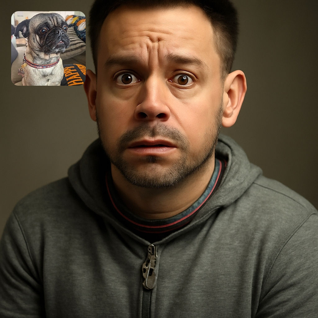 A close-up photo of a curious pug sitting on a couch, wearing a Denver Broncos collar. The background shows a cozy living room with a 'Happy' themed pillow and some wall decorations, creating a warm homey vibe.