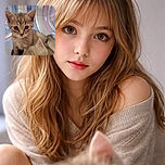 A curious kitten with big eyes stares directly into the camera, while another kitten is slightly blurred in the foreground. The background features a futuristic, softly lit setting with pastel hues of blue and pink, adding a whimsical vibe to the adorable feline portrait.