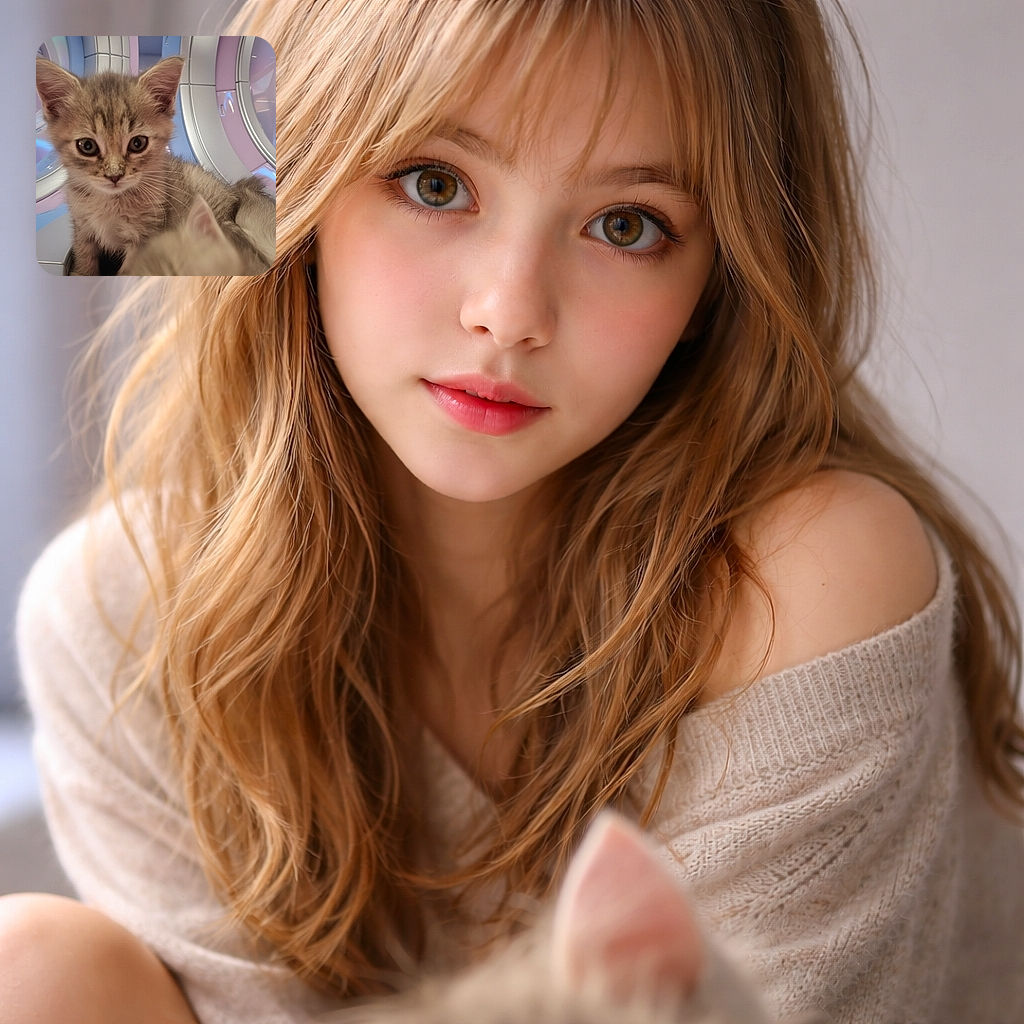 A curious kitten with big eyes stares directly into the camera, while another kitten is slightly blurred in the foreground. The background features a futuristic, softly lit setting with pastel hues of blue and pink, adding a whimsical vibe to the adorable feline portrait.