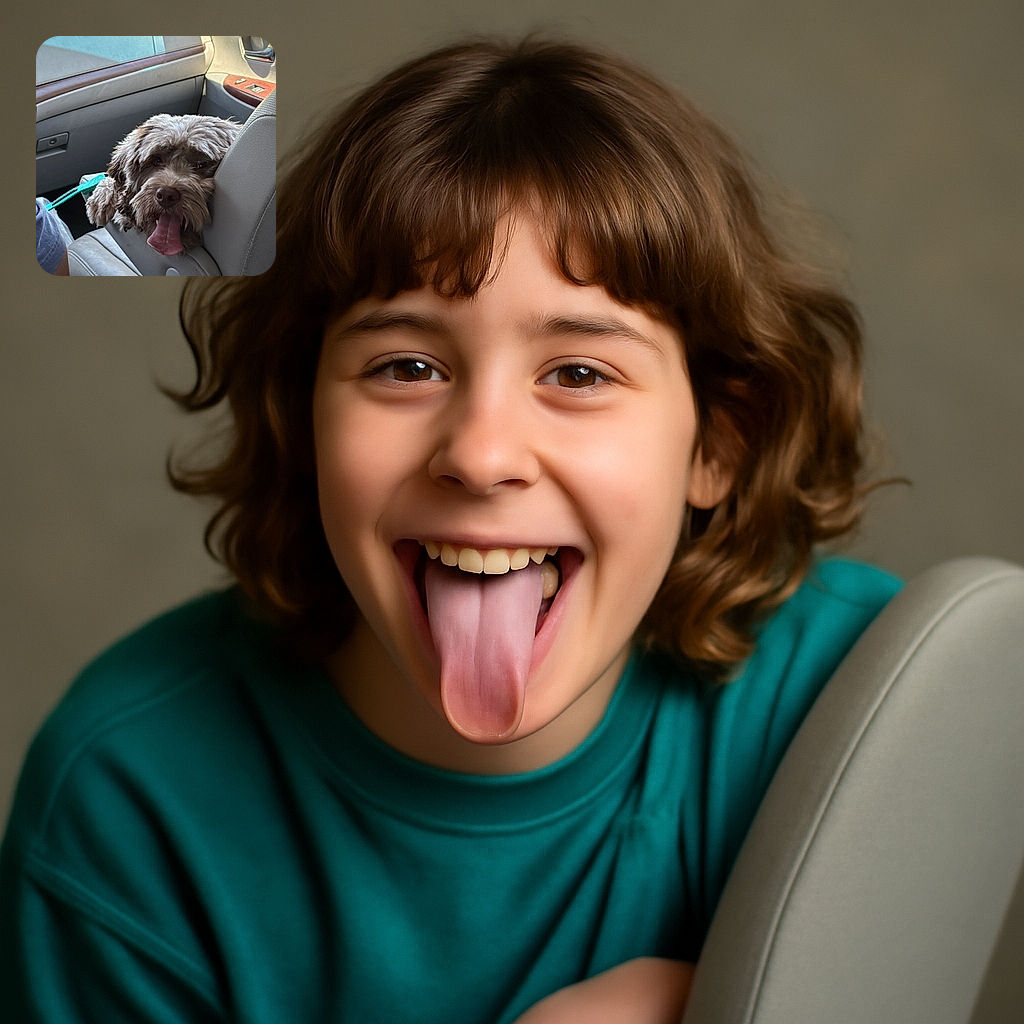 A fluffy dog with a big tongue sticking out is hilariously peeking over the car seat, looking like it's ready for a road trip adventure or just begging for some car snacks.