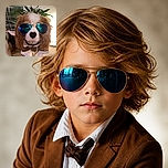 A gloriously serious dog models a shaggy lion mane, aviator sunglasses, and a bow tie like the coolest bouncer at the world's fanciest puppy party. A second furry companion peeks in from the side while houseplants and warm indoor lighting complete the glamorous setup.