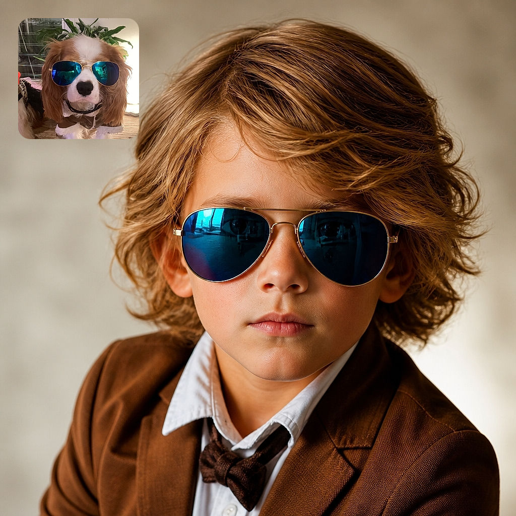 A gloriously serious dog models a shaggy lion mane, aviator sunglasses, and a bow tie like the coolest bouncer at the world's fanciest puppy party. A second furry companion peeks in from the side while houseplants and warm indoor lighting complete the glamorous setup.