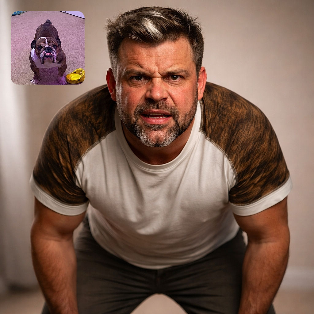 A grumpy yet adorable bulldog stares up with a dramatic underbite, standing on a carpeted floor beside a lone yellow Croc. Pillows and a closed door sit in the background while the dog delivers maximum personality and minimum patience.