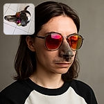 A cool dog sporting reflective sunglasses looks up at the camera on a tiled floor, with its wagging tail blurred in motion, giving off serious chill vibes.