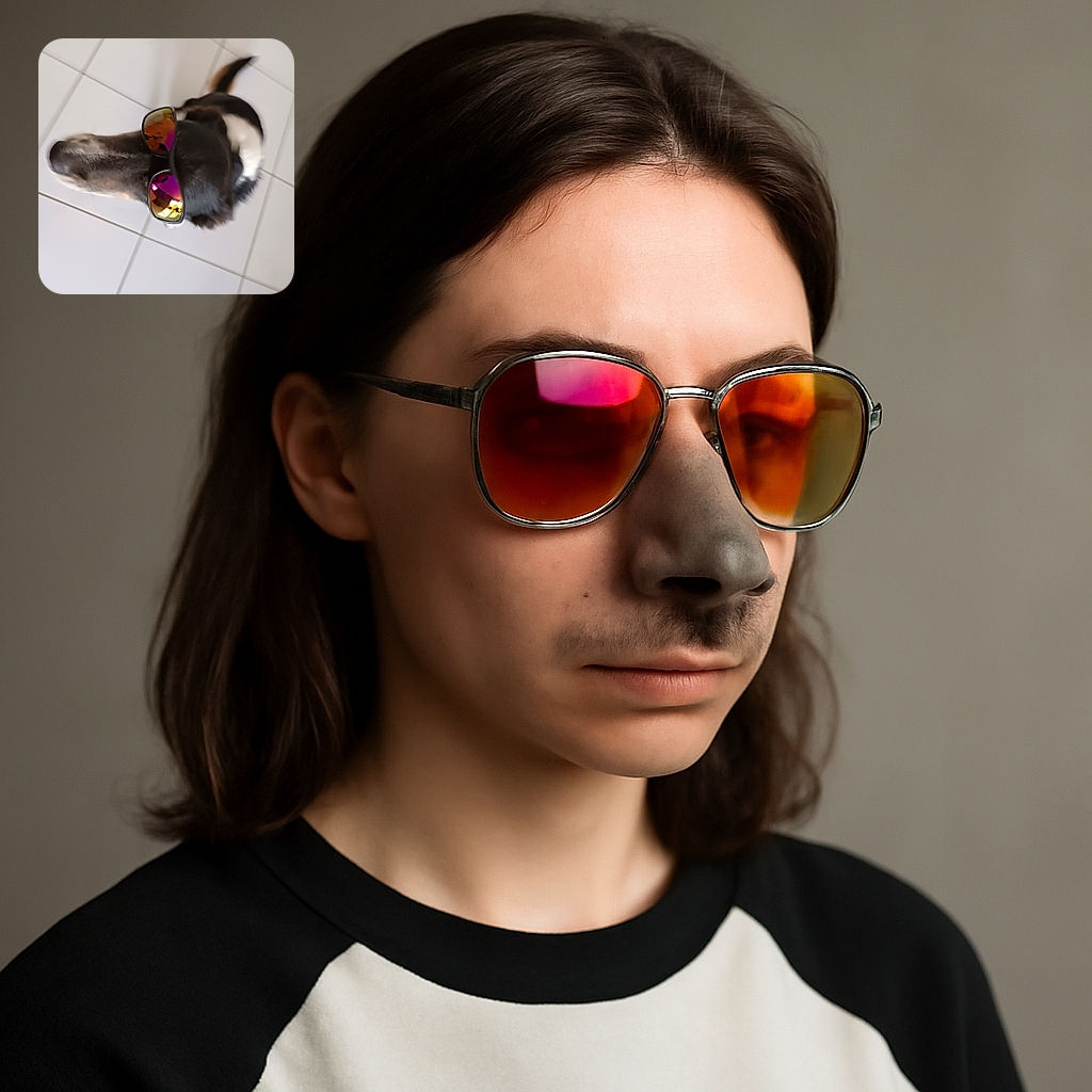 A cool dog sporting reflective sunglasses looks up at the camera on a tiled floor, with its wagging tail blurred in motion, giving off serious chill vibes.