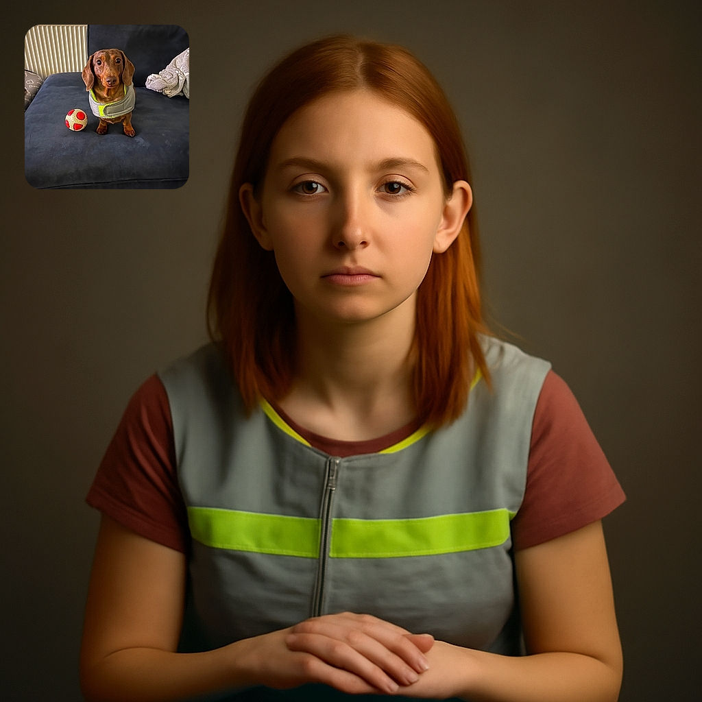 A charming dachshund wearing a cozy jacket sits attentively on a dark blue couch next to a red and white textured ball, with a soft blanket and radiator in the background, ready for playtime or a nap.