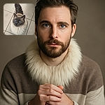 A fluffy cat with striking blue eyes looks up with curiosity, sitting on a tiled floor. Its fur is a mix of soft cream and grey, and its bushy tail curls behind it like a fluffy plume.