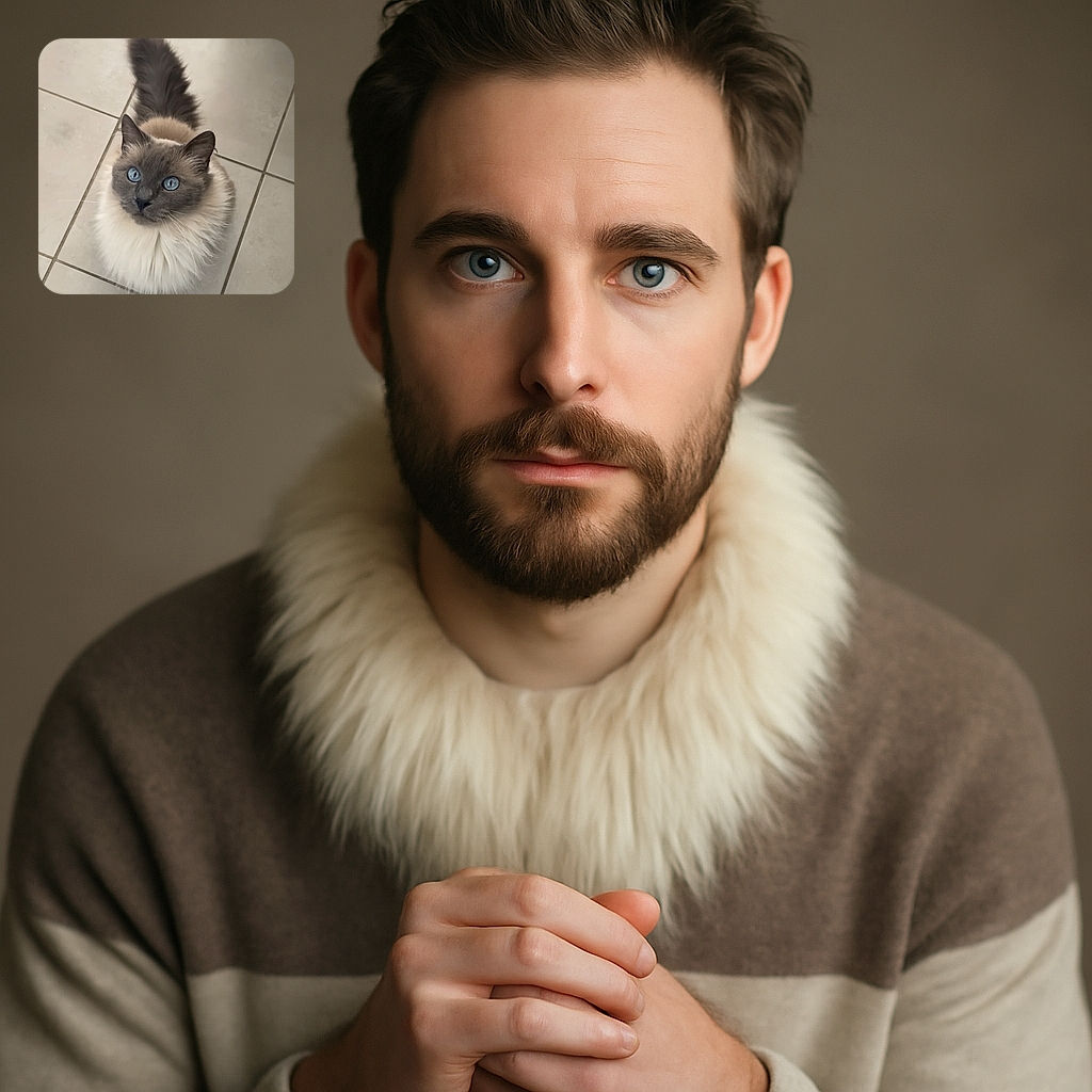 A fluffy cat with striking blue eyes looks up with curiosity, sitting on a tiled floor. Its fur is a mix of soft cream and grey, and its bushy tail curls behind it like a fluffy plume.