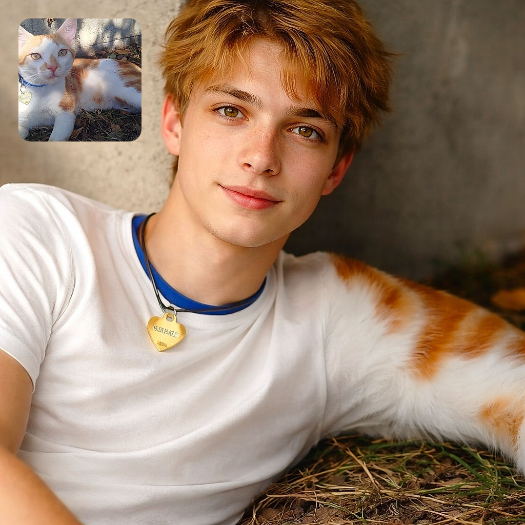 A relaxed orange and white cat lounges outdoors on the ground, basking in dappled sunlight with leaves and grass around, wearing a blue collar with a heart-shaped tag.