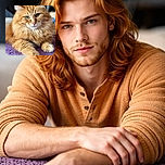 A majestic fluffy orange cat lounges elegantly on a textured purple surface, gazing thoughtfully with piercing green eyes, its fur glowing warmly in soft natural light.