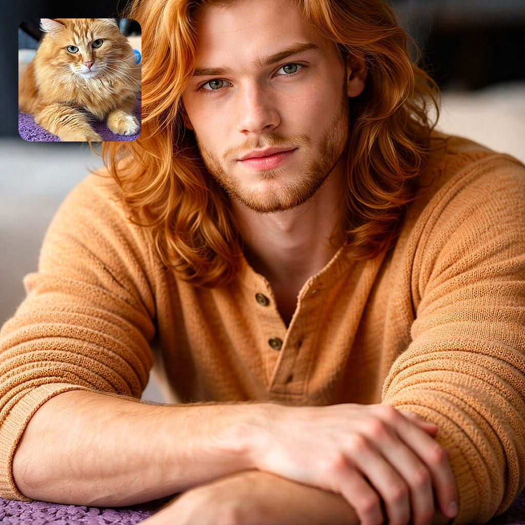 A majestic fluffy orange cat lounges elegantly on a textured purple surface, gazing thoughtfully with piercing green eyes, its fur glowing warmly in soft natural light.
