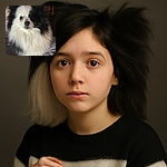 A fluffy black and white dog with expressive eyes stares directly at the camera, sitting comfortably on a person's lap with a cozy background of soft fabrics and plaid patterns.