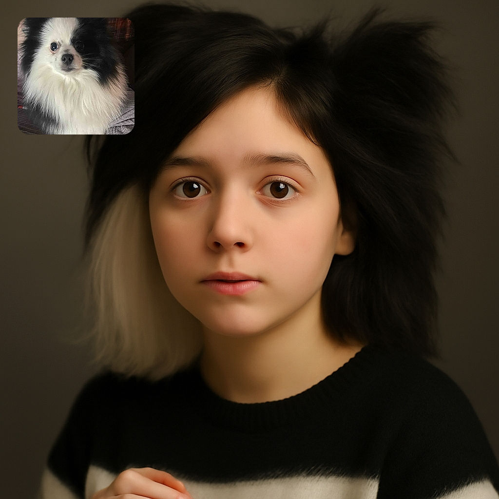 A fluffy black and white dog with expressive eyes stares directly at the camera, sitting comfortably on a person's lap with a cozy background of soft fabrics and plaid patterns.