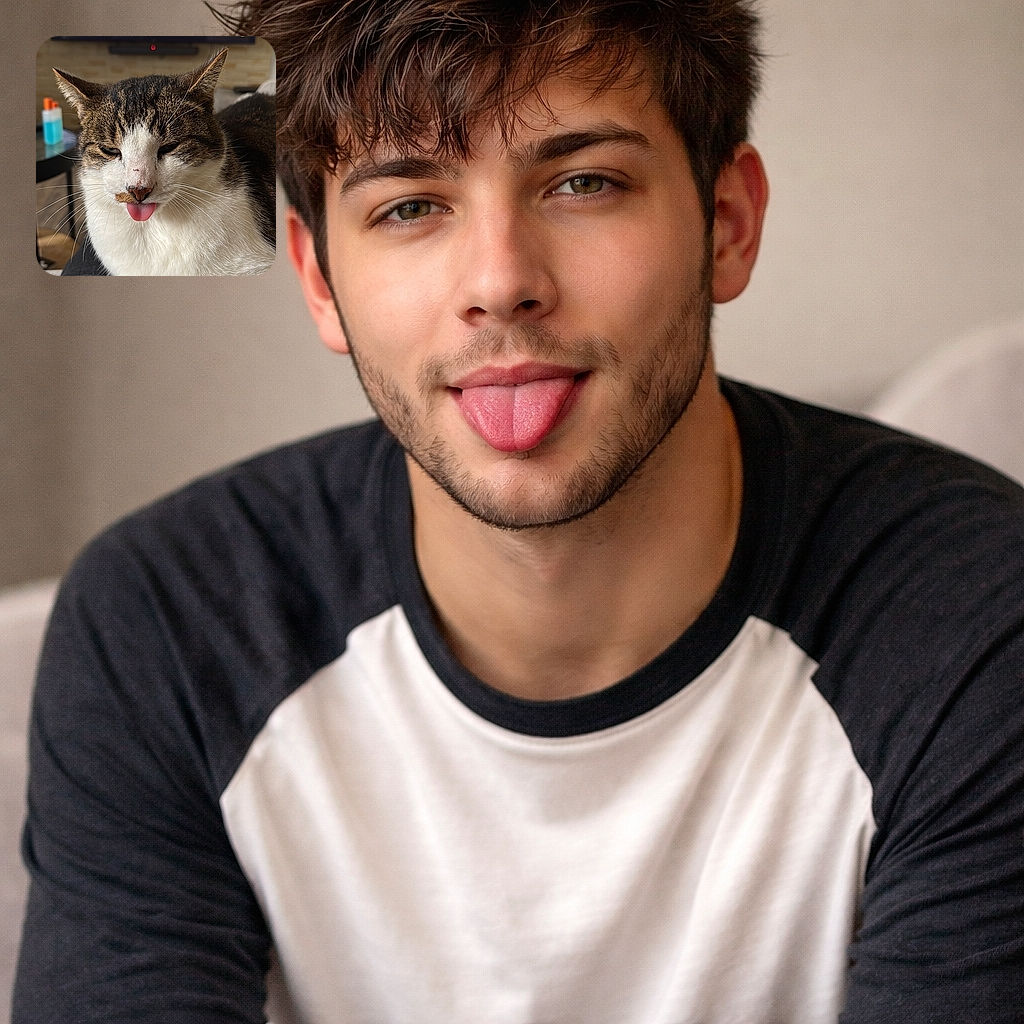 A derpy, lovable tabby-cat close-up with its tongue hilariously sticking out like it forgot how to cat for a second; whiskers splayed, sleepy eyes half-closed, and a blurred TV drama playing in the background for extra irony.