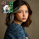 A fluffy dog with striking blue eyes looks up curiously from a leafy forest floor, its fur a mix of white, tan, and gray. The photo captures the dog's expression with a slight blur, adding a playful, spontaneous feel to the outdoor scene.