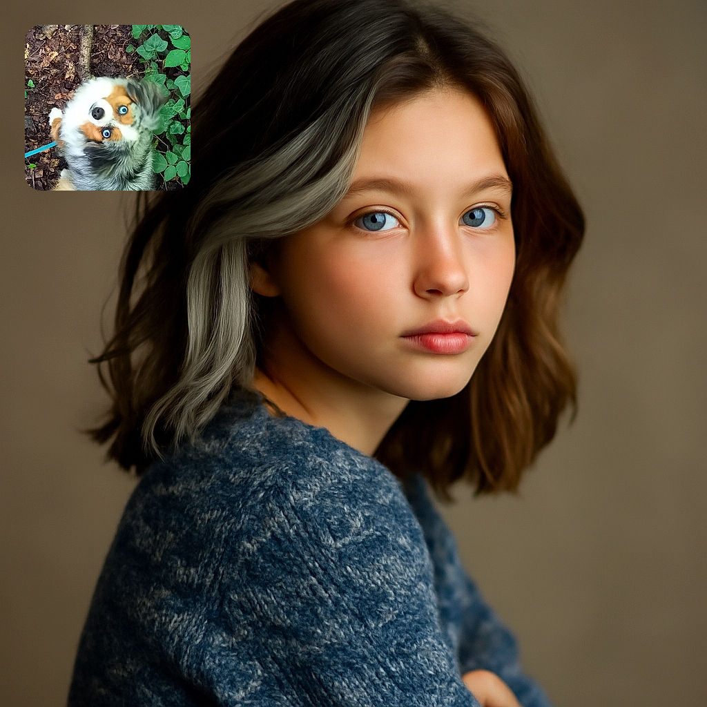 A fluffy dog with striking blue eyes looks up curiously from a leafy forest floor, its fur a mix of white, tan, and gray. The photo captures the dog's expression with a slight blur, adding a playful, spontaneous feel to the outdoor scene.