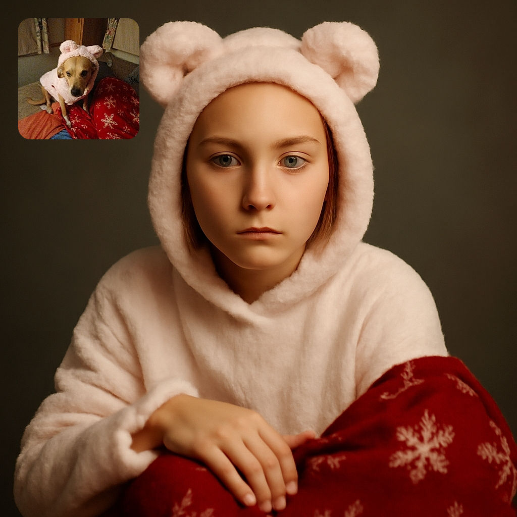 A dog dressed in a fluffy pink hoodie with bear ears sits on a cozy couch draped with a festive red snowflake blanket, looking adorably unimpressed by its fashionable outfit.