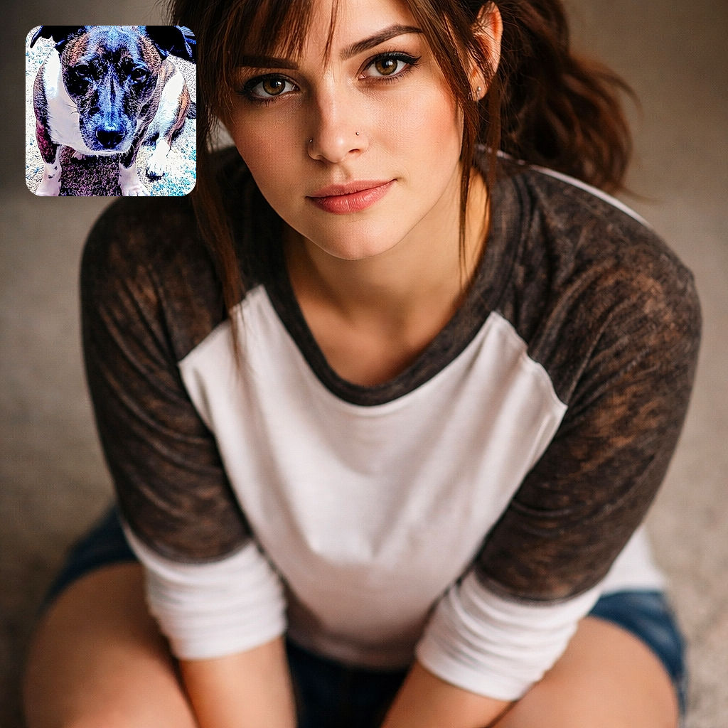 A serious brindle dog fills the frame, staring up like it just heard the word "treat" and is calculating the optimal angle for maximum sympathy. Close-up of a wet shiny nose, soulful eyes and big ears, perched on a textured carpet with paws planted like a tiny, furry bodyguard. The image is high-contrast and punchy — a little over-processed but undeniably adorable.