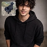 A scruffy little black dog with a slightly goofy grin stands on a mossy concrete surface near a rusty drain, looking up with curious eyes as if ready to embark on a backyard adventure.