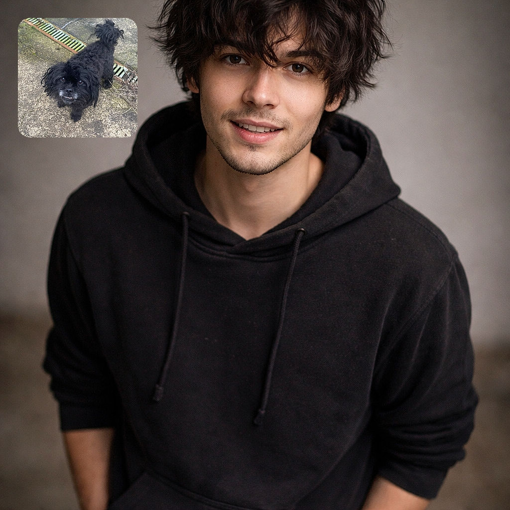 A scruffy little black dog with a slightly goofy grin stands on a mossy concrete surface near a rusty drain, looking up with curious eyes as if ready to embark on a backyard adventure.
