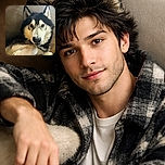 A fluffy husky dog is lying on a wooden floor, looking up with soulful eyes and a curious expression. The close-up captures the soft texture of its fur and the contrast of black and white colors, making it look like a furry bundle of joy ready for belly rubs.