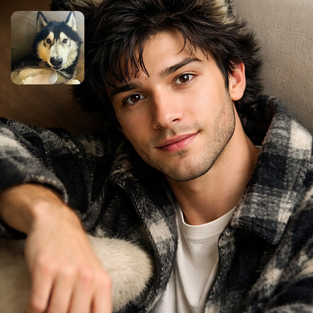 A fluffy husky dog is lying on a wooden floor, looking up with soulful eyes and a curious expression. The close-up captures the soft texture of its fur and the contrast of black and white colors, making it look like a furry bundle of joy ready for belly rubs.