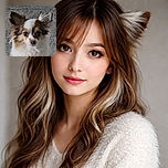 A close-up shot of a fluffy dog with large, expressive eyes and perky ears, standing against a textured stone background. The dog's fur is a mix of white and brown, giving it a charming and curious look.